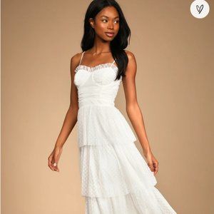 Sweetheart Style White Polka Dot Bustier Tiered Midi Dress (NWT)